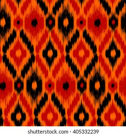 Ethnic folk tribal seamless pattern Ikat Ogee, consisting of orange, red and black elements