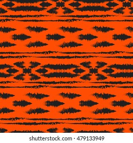 Ethnic folk tribal seamless pattern Ikat Ogee, consisting of orange, red and black elements