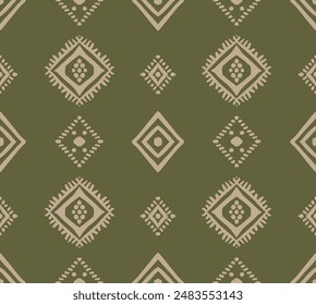 Ethnic folklore background Seamless square diamond pattern of geometric shapes on green background. Design for carpet, wallpaper, boho clothing, fabric