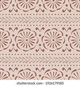 Ethnic folksy seamless vector pattern. Folk art floral abstract stripes ornamental print. Bohemian geometric ornament