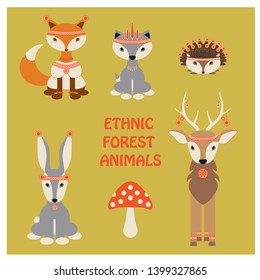 ethnic forest animals - rabbit, wolf, fox, deer, hedgehog
