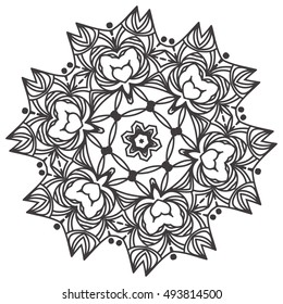 Ethnic Fractal Mandala Floral Doodle Pattern - Coloring page for adults. Isolated on white. Vector illustration eps8