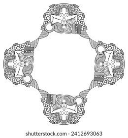 Ethnic frame with Medieval European Mermaid motif. Melusine with two fish tails holding a mirror and a comb. Black and white linear silhouette.