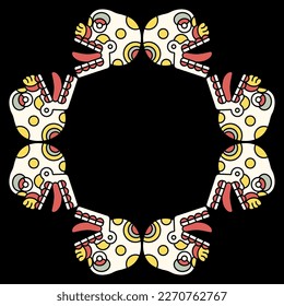 Ethnic frame with Mexican skulls. Codex design of Aztec Indians. Miquiztli. Dia de los Muertos. Day of the Dead symbol. On black background.