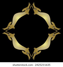 Ethnic frame with Native American motifs. A'yahos. Monster snake with two heads. Seattle's earthquake serpent spirit. Golden glossy silhouette with pearl beads on black background. 