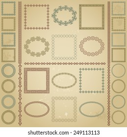Ethnic frames and dividers in mega pack. Decoration round oval and square elements of different size in huge collection. Colorful vector illustration isolated on grunge beige background