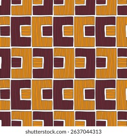 Ethnic Geometric Abstract Pattern in Earth Tones. Hand drawn Squares and Rectangles. Seamless pattern design