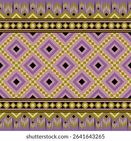 Ethnic geometric art pattern in gold, pink and purple color. Seamless native, traditional pattern design for ornament, embroidery, textile, fabric, texture, curtain, wallpaper.
