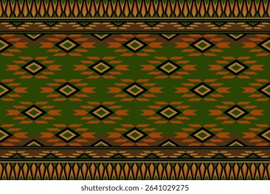 Ethnic geometric art pattern in green, brown and orange color. Seamless tribal, native embroidery ornament tracery design for textile, fabric, clothing, carpet, background, printing, tiles, texture.