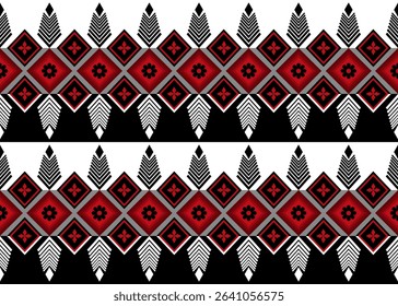 Ethnic geometric art pattern in red, black and white color. Seamless tribal, native embroidery ornament pattern design for textile, fabric, clothing, texture, wallpaper, tiles, background, printing. 
