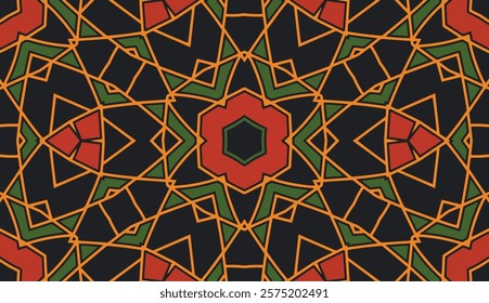 Ethnic geometric background, tribal design cover, banner. Decorative multicolor stained glass pattern, ornaments, arabesque, mandala of the East, Asia, India, Mexico, Aztec, Peru.