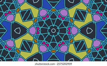 Ethnic geometric background, tribal design cover, banner. Unique colorful stained glass pattern, ornaments, arabesque, mandala of East, Asia, India, Mexico, Aztec, Peru.