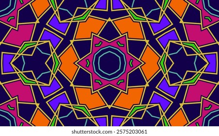 Ethnic geometric background, tribal design cover, banner. Bright multicolored stained glass pattern, ornaments, arabesques, mandala of the East, Asia, India, Mexico, Aztec, Peru.