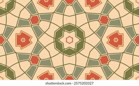 Ethnic geometric background, tribal design cover, banner. Minimalistic colorful stained glass pattern, ornaments, arabesque, mandala of East, Asia, India, Mexico, Aztec, Peru.