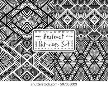 Ethnic geometric backgrounds. Abstract patterns set. Tribal vector backdrops with seamless patterns swatches. Aztec style textures for web design, interior fabric, fashion clothes or printed products.