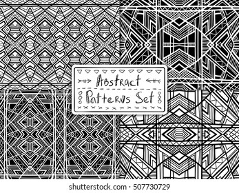 Ethnic geometric backgrounds. Abstract patterns. Tribal vector backdrops with seamless patterns swatches. Aztec style textures set for web design, interior fabric, fashion clothes or printed products.