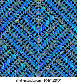 Ethnic geometric blue seamless pattern. Abstract vector grunge lace background with tribal ornaments. Triangles, rhombus, shapes, figures. Decorative design for fabric, wallpapers, textile