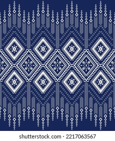 Ethnic geometric blue-white pattern. Ethnic border element. Vector ethnic geometric diamond shape seamless pattern background. Embroidery folk for fabric, textile, interior decoration elements.
