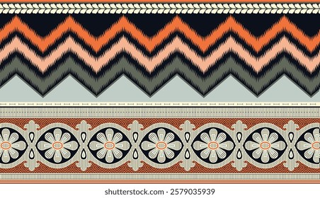 Ethnic geometric borders with floral embellishments for vibrant wallpapers, luxurious gift wraps, and heritage-inspired textiles.
