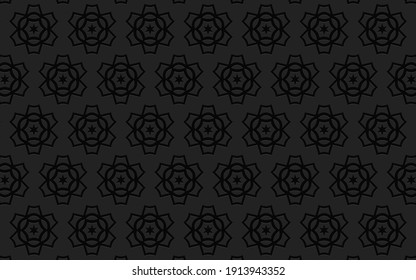 Ethnic geometric convex volumetric black 3D background from a relief pattern with abstract flowers.Texture for wallpaper, textiles, business cards. 