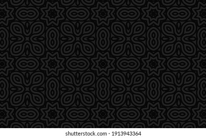 Ethnic geometric convex volumetric black 3D background from a relief pattern. Texture for wallpaper, textiles, business cards in the style of the peoples of Africa, Mexico.