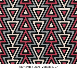 Ethnic geometric design with concentric small triangles on a black background. Retro bold style. Seamless repeating pattern. Abstract vector illustration. 