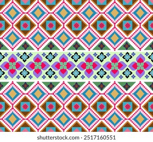 Projeto Geométrico Étnico. Padrão em tribal, bordado popular arte abstrata colorida. Design para fundo, tecido de papel de parede, moda, roupas, embalagem e têxtil.