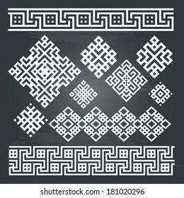 ethnic geometric design set. sign, border decoration elements in white color isolated on dark chalkboard background. vector illustration. Could be used as divider, frame, etc 