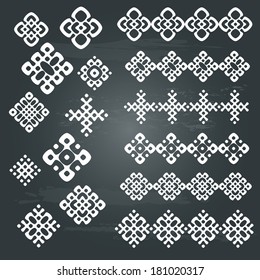 ethnic geometric design set. sign, border decoration elements in white color isolated on dark chalkboard background. vector illustration. Could be used as divider, frame, etc 
