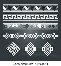 ethnic geometric design set. sign, border decoration elements in white color isolated on dark chalkboard background. vector illustration. Could be used as divider, frame, etc 