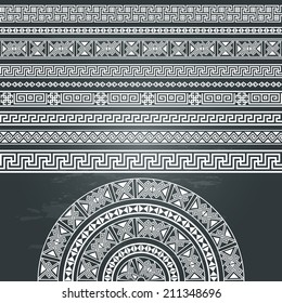 Ethnic geometric design set. sign, border decoration elements in white color isolated on dark chalkboard background. vector illustration. Could be used as divider, frame, etc 