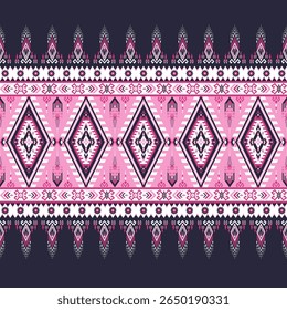 Ethnic Geometric Diamond Seamless Pattern Traditional Abstract Ornament Pink White on Navy Background Design for background, rug, wallpaper, wrapping, cloth, fabric, textile, decorative, embroidery