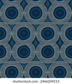 Ethnic geometric dotted circle motif. Seamless bohemian style pattern for luxury fabric, backgrounds, homeware, tiles, wallpaper, home textiles, prints, stationery, packaging. Vector ancient ornament.