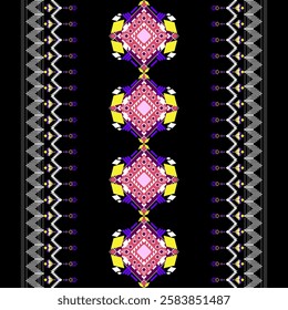 Ethnic geometric fabric, black background, the center pattern is a repeating rhombus in pink, purple and yellow, both sides of the edges are decorated with white circles in tribal style.