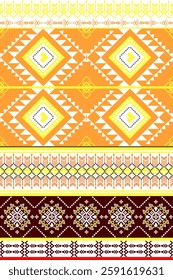 Ethnic geometric fabric pattern in bright orange, yellow tones on orange, burgundy, white background. Traditional Native American tribal art. Seamless geometric pattern, tiles, rugs, illustrations.
