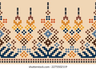 Ethnic geometric fabric pattern Cross Stitch.Ikat embroidery Ethnic oriental Pixel pattern brown cream background. Abstract,vector,illustration.For texture,clothing,wrapping,decoration,carpet.