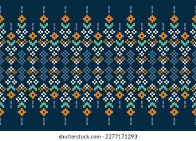 Ethnic geometric fabric pattern Cross Stitch.Ikat embroidery Ethnic oriental Pixel pattern navy blue background. Abstract,vector,illustration.For texture,clothing,wrapping,decoration,carpet.