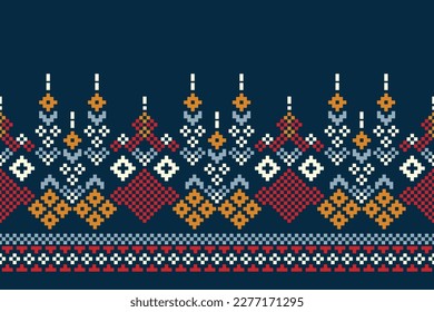 Ethnic geometric fabric pattern Cross Stitch.Ikat embroidery Ethnic oriental Pixel pattern navy blue background. Abstract,vector,illustration.For texture,clothing,wrapping,decoration,carpet.