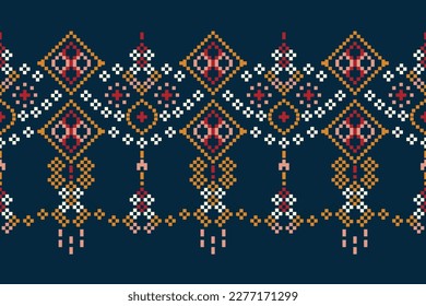 Ethnic geometric fabric pattern Cross Stitch.Ikat embroidery Ethnic oriental Pixel pattern navy blue background. Abstract,vector,illustration.For texture,clothing,wrapping,decoration,carpet.