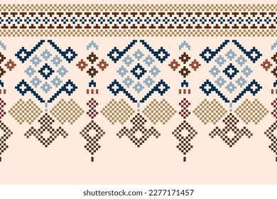 Ethnic geometric fabric pattern Cross Stitch.Ikat embroidery Ethnic oriental Pixel pattern brown cream background. Abstract,vector,illustration.For texture,clothing,wrapping,decoration,carpet.