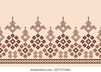 Ethnic geometric fabric pattern Cross Stitch.Ikat embroidery Ethnic oriental Pixel pattern brown cream background. Abstract,vector,illustration.For texture,clothing,wrapping,decoration,carpet.