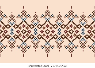 Ethnic geometric fabric pattern Cross Stitch.Ikat embroidery Ethnic oriental Pixel pattern brown cream background. Abstract,vector,illustration.For texture,clothing,wrapping,decoration,carpet.