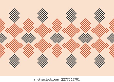 Ethnic geometric fabric pattern Cross Stitch.Ikat embroidery Ethnic oriental Pixel pattern brown cream background. Abstract,vector,illustration.For texture,clothing,wrapping,decoration,carpet.