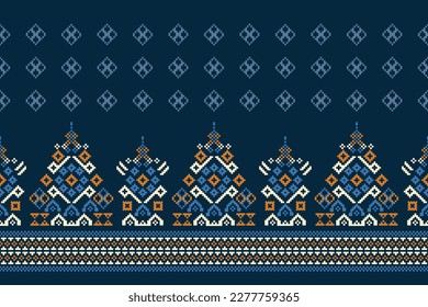 Ethnic geometric fabric pattern Cross Stitch.Ikat embroidery Ethnic oriental Pixel pattern navy blue background. Abstract,vector,illustration.For texture,clothing,wrapping,decoration,carpet.