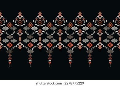 Patrón de tejido geométrico étnico Cross Stitch.Ikat bordado Patrón de Pixel Étnico oriental de fondo negro. Resumen,vector,ilustración.Para textura,ropa,envoltura,decoración,alfombra. 
