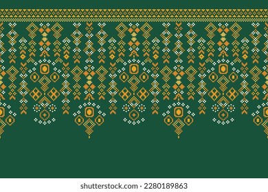 Ethnic geometric fabric pattern Cross Stitch.Ikat embroidery Ethnic oriental Pixel pattern green background. Abstract,vector,illustration.For texture,clothing,wrapping,decoration,carpet. 