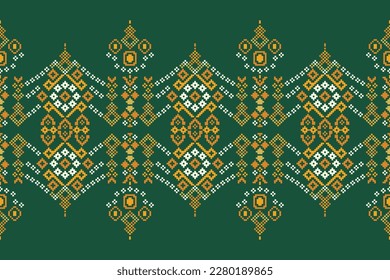 Patrón de tejido geométrico étnico Cross Stitch.Ikat bordado Patrón de color verde de los Píxeles orientales étnicos. Resumen,vector,ilustración.Para textura,ropa,envoltura,decoración,alfombra. 