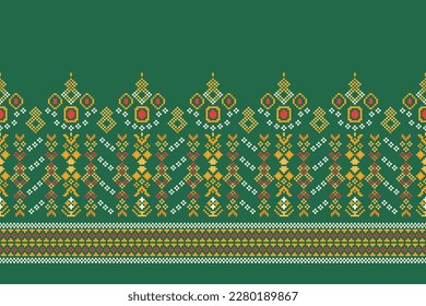 Patrón de tejido geométrico étnico Cross Stitch.Ikat bordado Patrón de color verde de los Píxeles orientales étnicos. Resumen,vector,ilustración.Para textura,ropa,envoltura,decoración,alfombra. 
