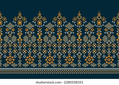 Patrón de tejido geométrico étnico Cross Stitch.Ikat bordado Patrón étnico oriental Pixel patrón azul marino. Resumen,vector,ilustración.Para textura,ropa,envoltura,decoración,alfombra.