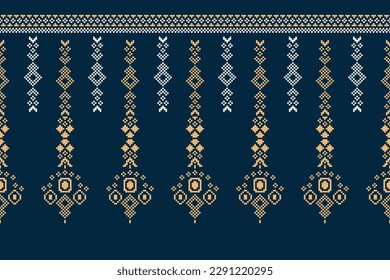 Ethnic geometric fabric pattern Cross Stitch.Ikat embroidery Ethnic oriental Pixel pattern navy blue background. Abstract,vector,illustration.For texture,clothing,scarf,decoration,carpet.